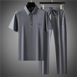Mens 2 Piece Summer Outfit Cotton Linen Polo Shirt with Pants Lightweight Breathable Moisture Wicking Casual Wear