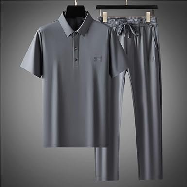 Mens 2 Piece Summer Outfit Cotton Linen Polo Shirt with Pants Lightweight Breathable Moisture Wicking Casual Wear