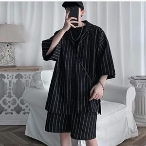 CSCDD Men Shorts Set Matching Shirts Letter Striped Lightweight Tracksuit Men Short Sleeve Elastic Waist Oversize