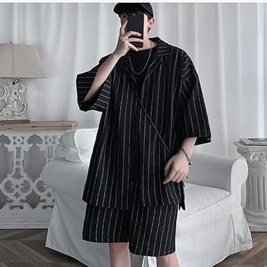 CSCDD Men Shorts Set Matching Shirts Letter Striped Lightweight Tracksuit Men Short Sleeve Elastic Waist Oversize