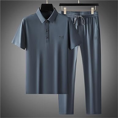 Mens 2 Piece Summer Outfit Cotton Linen Polo Shirt with Pants Lightweight Breathable Moisture Wicking Casual Wear