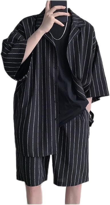 CSCDD Men Shorts Set Matching Shirts Letter Striped Lightweight Tracksuit Men Short Sleeve Elastic Waist Oversize