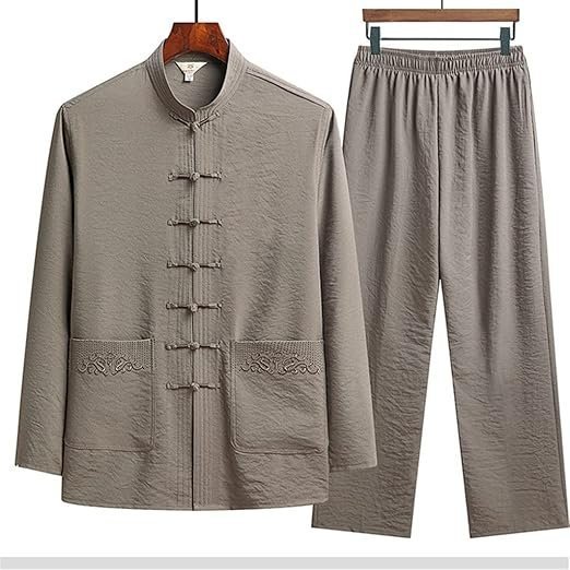 Men's Long-Sleeved Suit Old Man Grandpa Autumn Clothes Dad Clothes Middle-Aged and Elderly Men's Clothes(Gray,44/190)