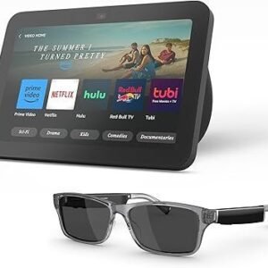 Amazon Echo Frames (newest model) + Echo Show 8 (newest model), Smart Glasses with Alexa, Modern Rectangle frames in Charcoal Gray with polarized sunglass lenses