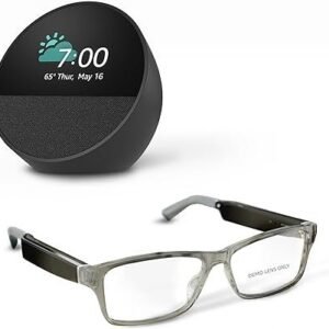 Amazon Echo Frames (newest model) + Echo Spot (newest model), Smart Glasses with Alexa, Modern Rectangle frames in Charcoal Gray with prescription ready lenses