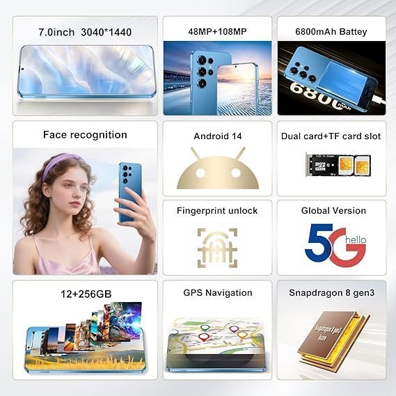 Unlocked Phone S25 Ultra Android Phone 8-core 12GB+256GB Cell Phone 7 inch HD Screen Mobile Phone 108MP+48MP Camera 6800 mAh Battery 5G Dual SIM (Deep Blue)