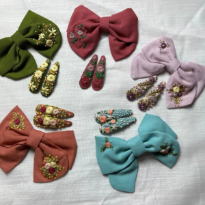 Set of 5 Handmade Linen Floral Bow Barrettes