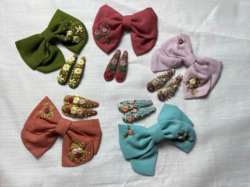 Set of 5 Handmade Linen Floral Bow Barrettes