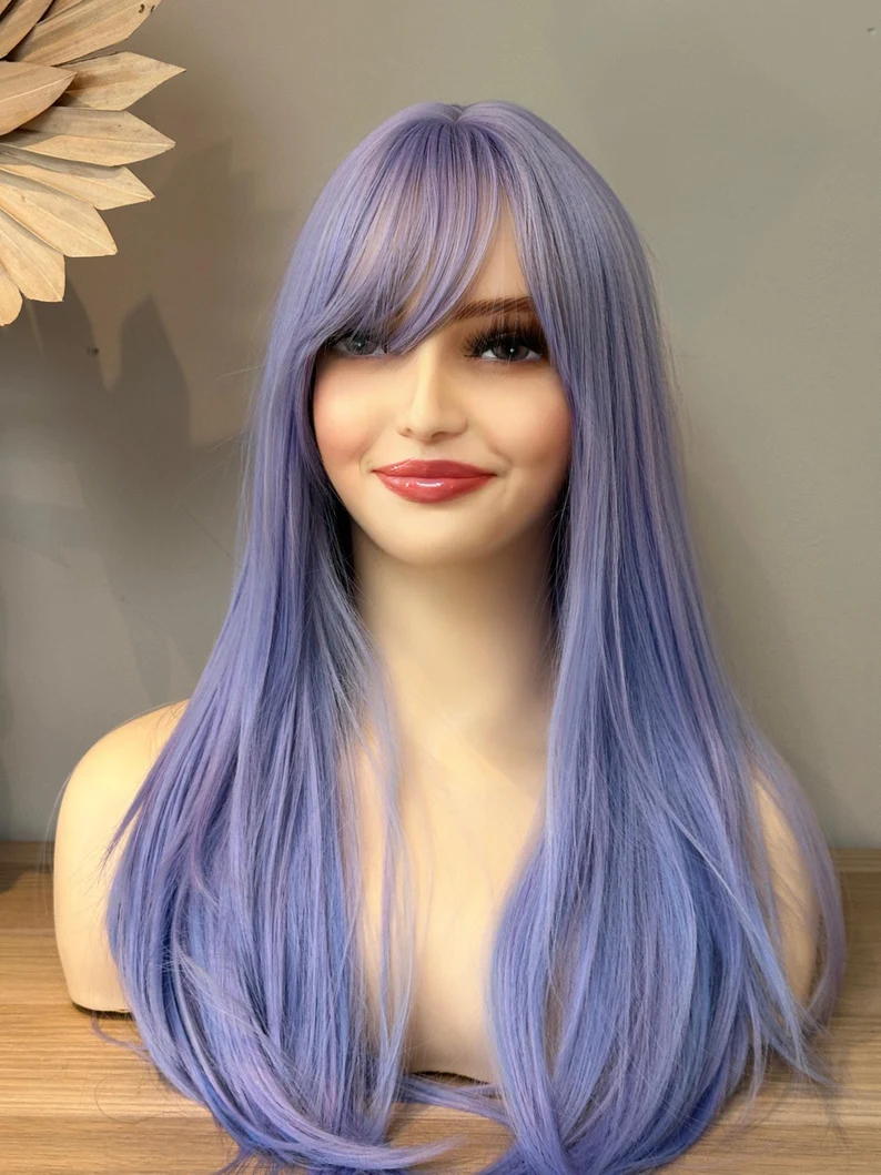 Purple Layered Straight Wig with Bangs, 22-Inch