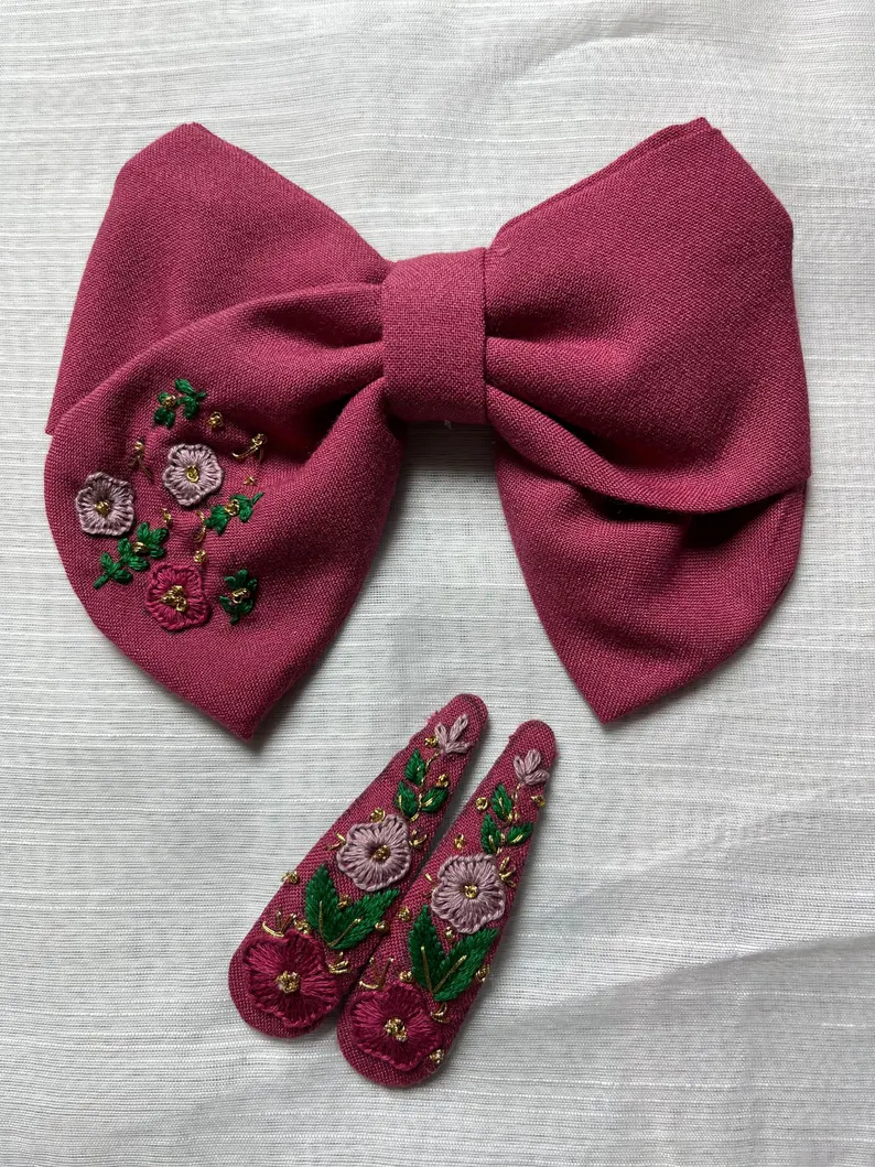 Set of 5 Handmade Linen Floral Bow Barrettes