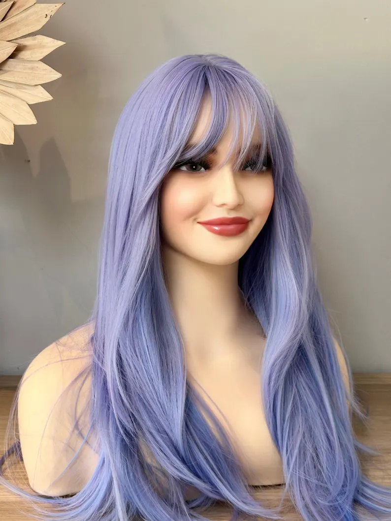 Purple Layered Straight Wig with Bangs, 22-Inch