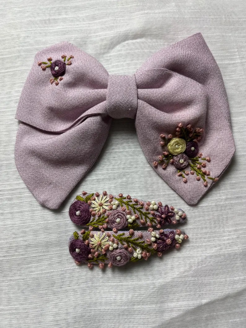 Set of 5 Handmade Linen Floral Bow Barrettes