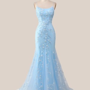 Light blue sequin long prom dress, custom luxury evening gown