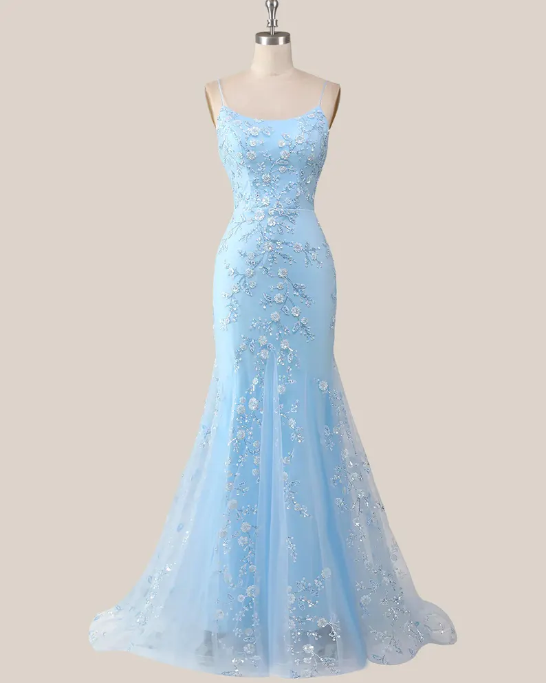 Light blue sequin long prom dress, custom luxury evening gown