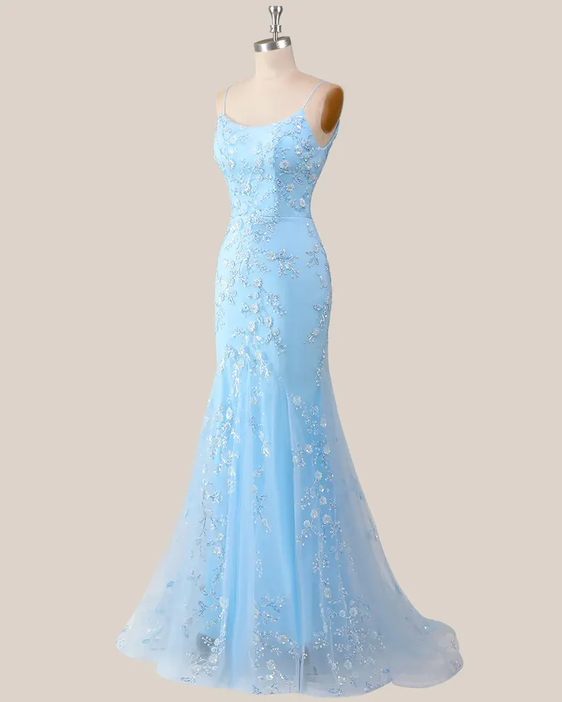 Light blue sequin long prom dress, custom luxury evening gown
