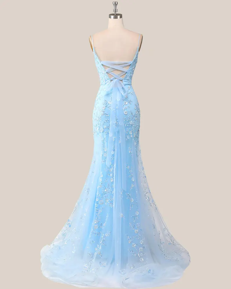 Light blue sequin long prom dress, custom luxury evening gown