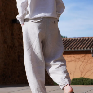 Men's Pleated Linen Pants with Elastic Cuffs