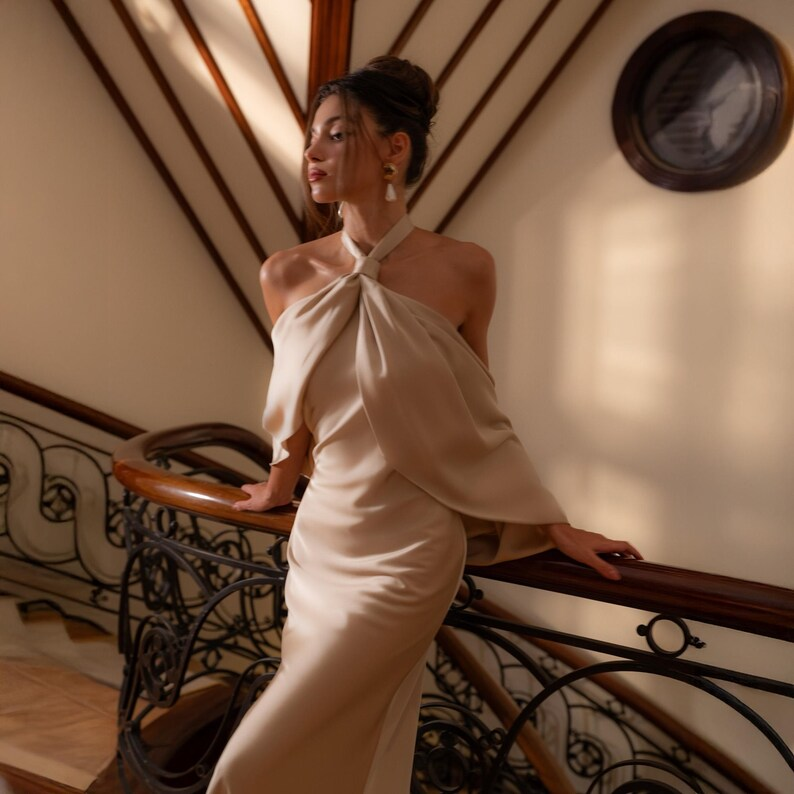 Champagne Silk Halter Dress | Long Silk Wedding Gown