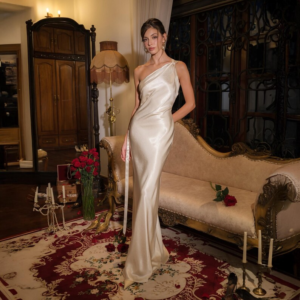 One Shoulder Silk Dress | Pearl White Silk Gown