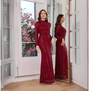 Elegant Women'S Deep Red Sequin Long Sleeve Gown