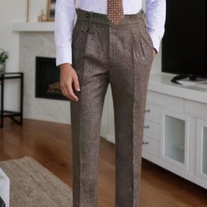 Custom Men's Tweed Herringbone Wool Slim Fit Trousers