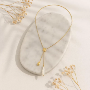 Minimal Gold Pearl Lariat Necklace