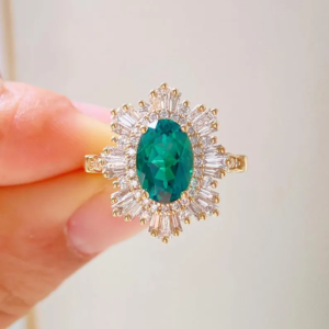 Sunburst Oval Cut Green Moissanite Engagement Ring,