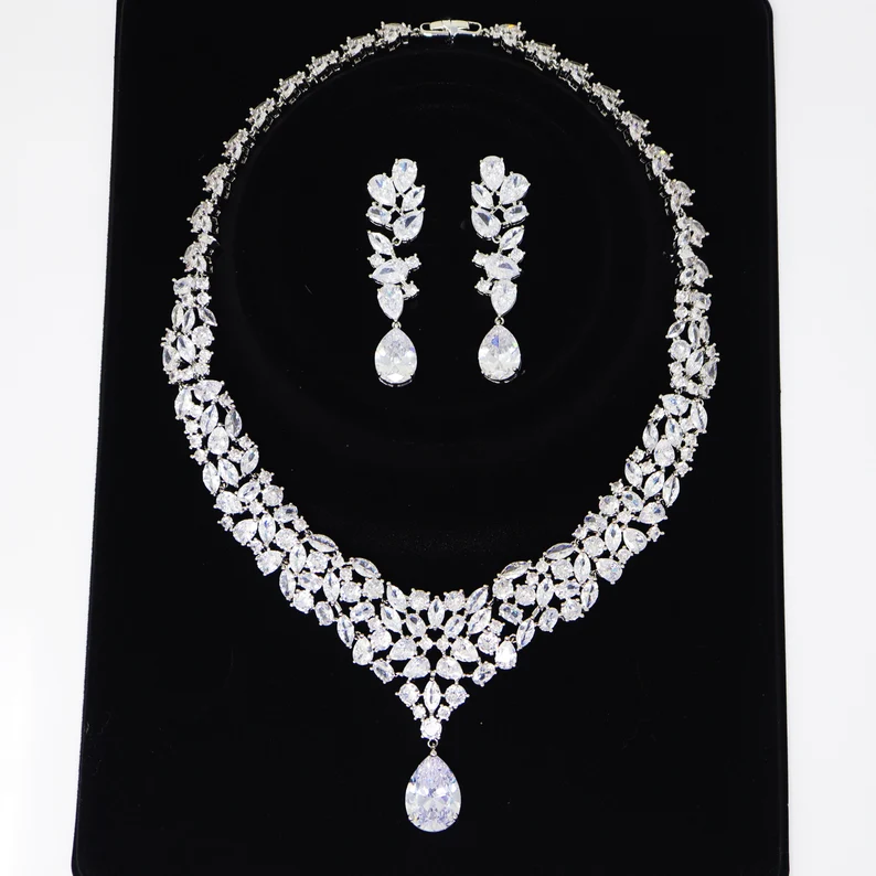 Royal CZ Bridal Necklace and Earrings Set ,