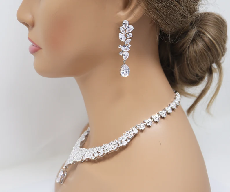 Royal CZ Bridal Necklace and Earrings Set ,