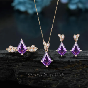 Unique Kite Cut Amethyst Ring,Earrings,Necklace