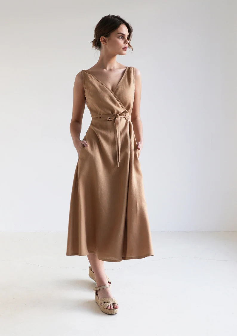 Wrap sleeveless linen dress