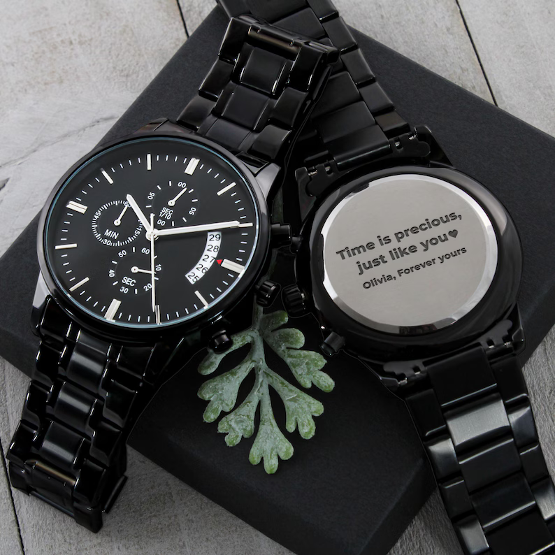 Engraved Black Chronograph Watch